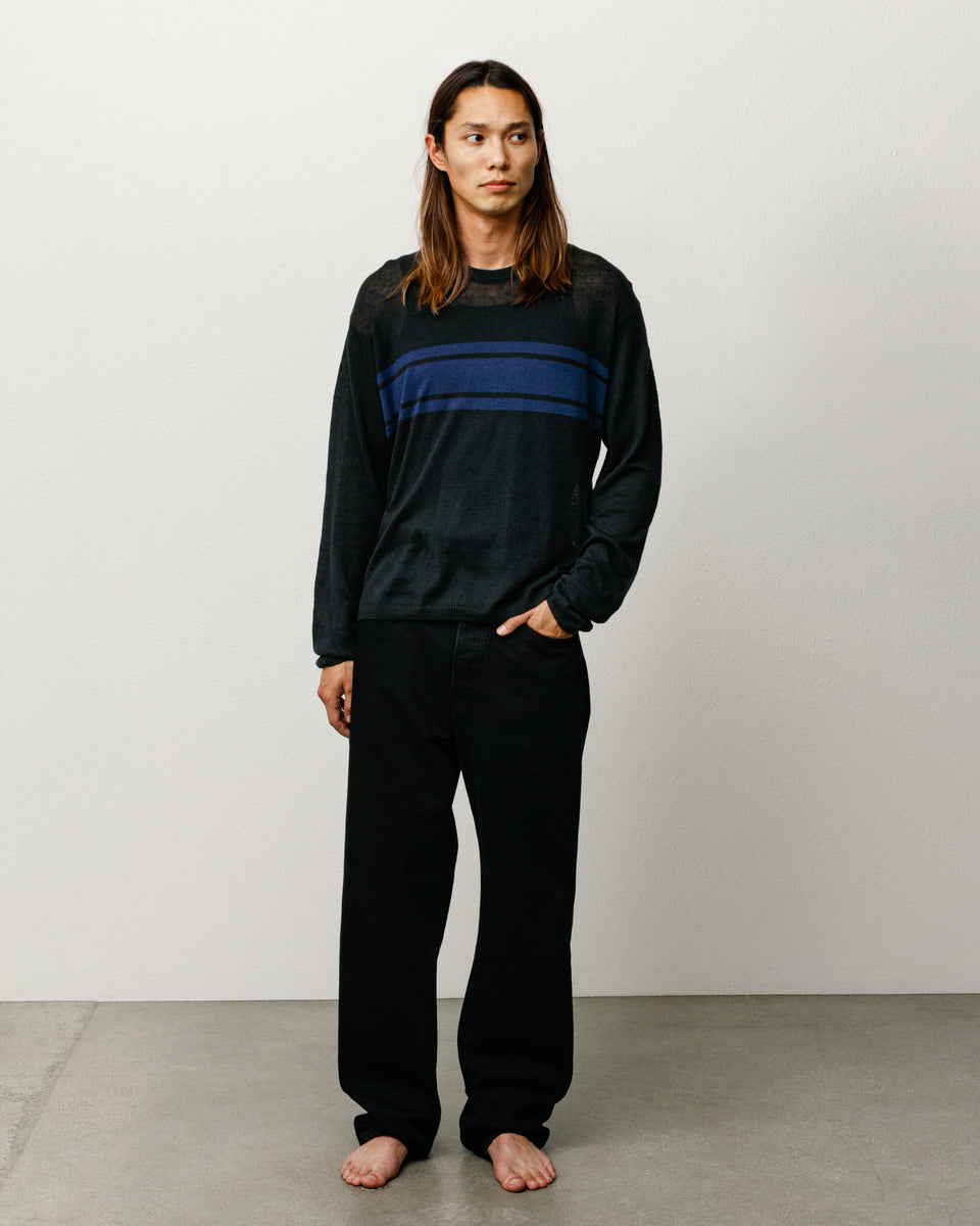 Pull léger à rayures en noir, maille lin-coton coupe décontractée