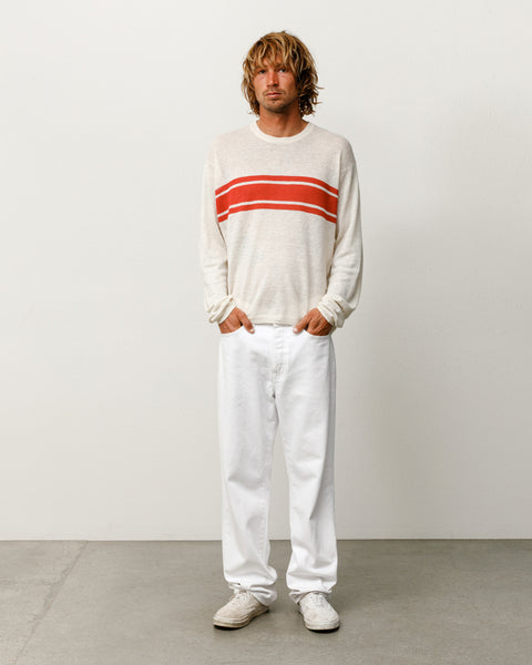 Lightweight Striped Sweater Pullover in der Farbe Bone, mit roten Bruststreifen, entspannter Leinen-Baumwollstrick