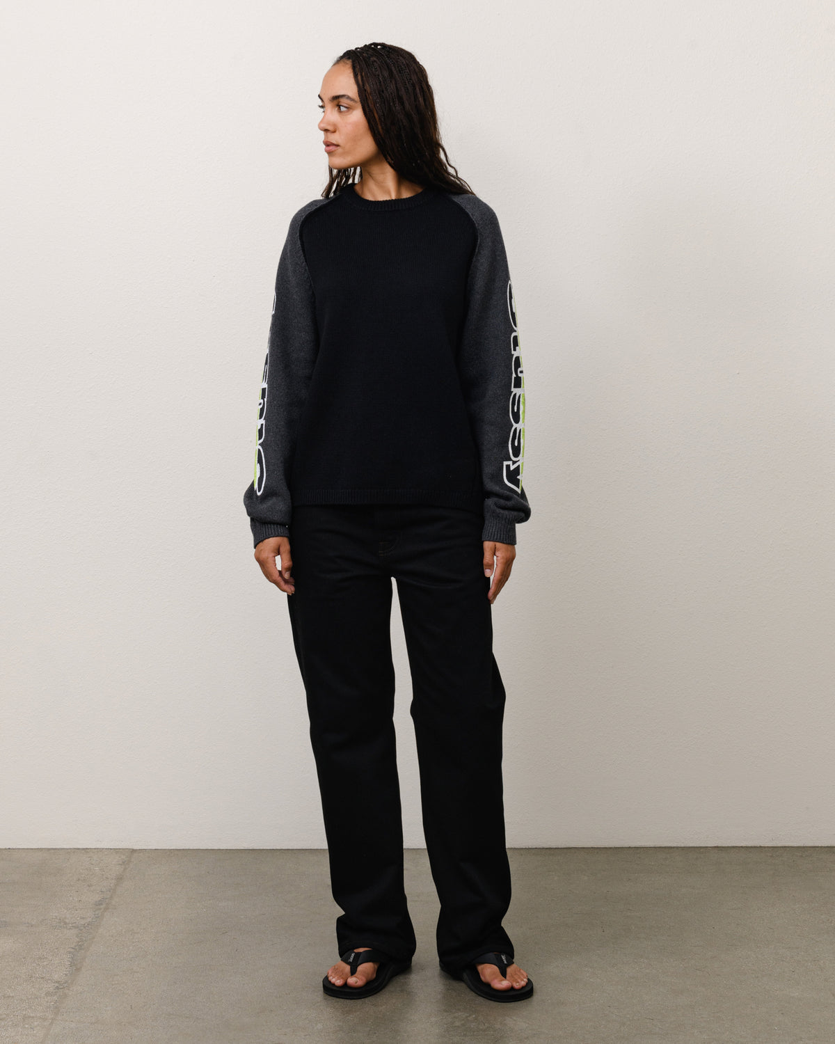 Two Tone Raglan Sweater Unisex Long Sleeve In Black