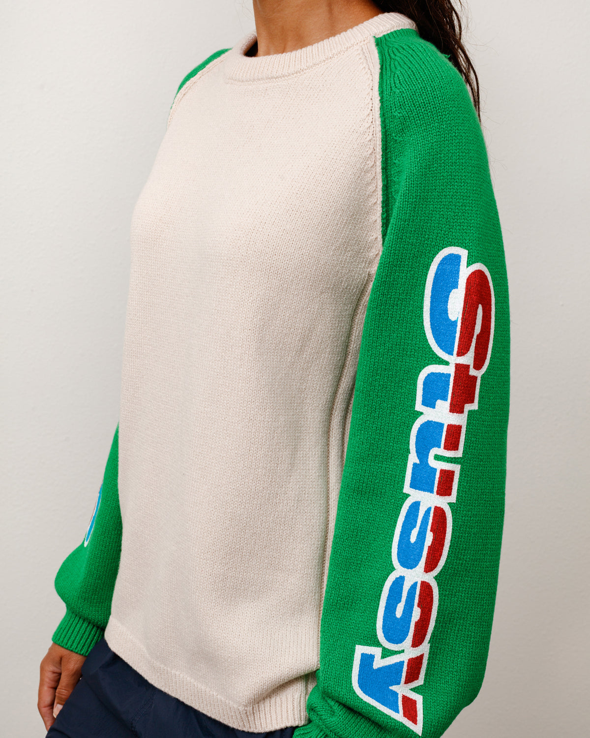 Two Tone Raglan Sweater Unisex Long Sleeve In Natural