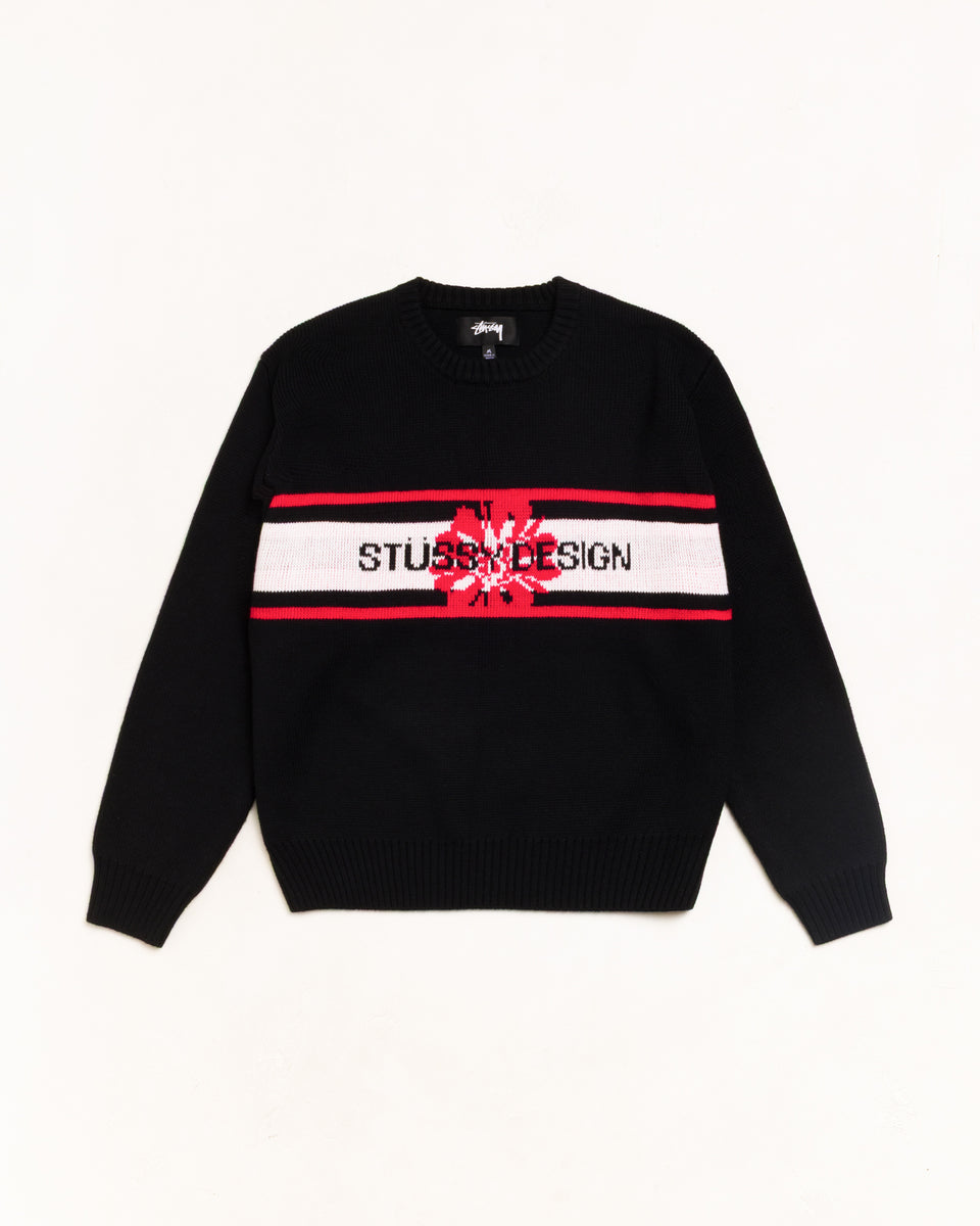 Striped Hibiscus Sweater Unisex Long Sleeve In Black