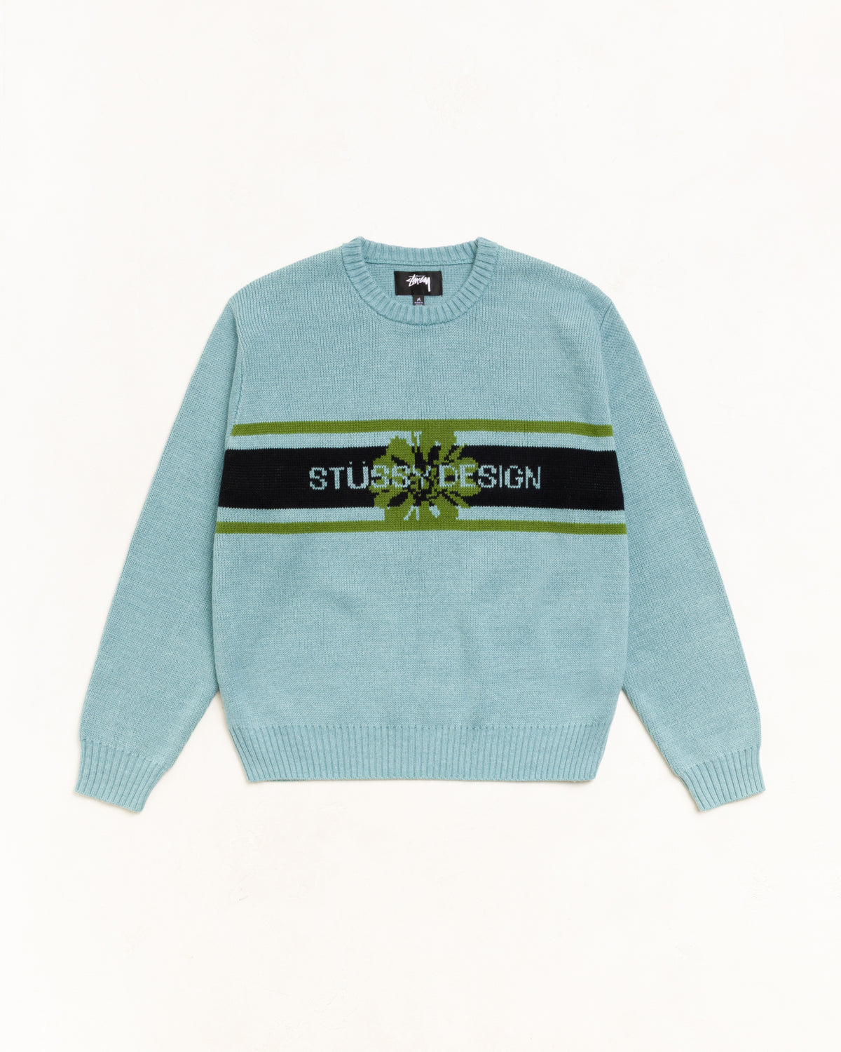 Striped Hibiscus Sweater Unisex Long Sleeve In Dusty Blue