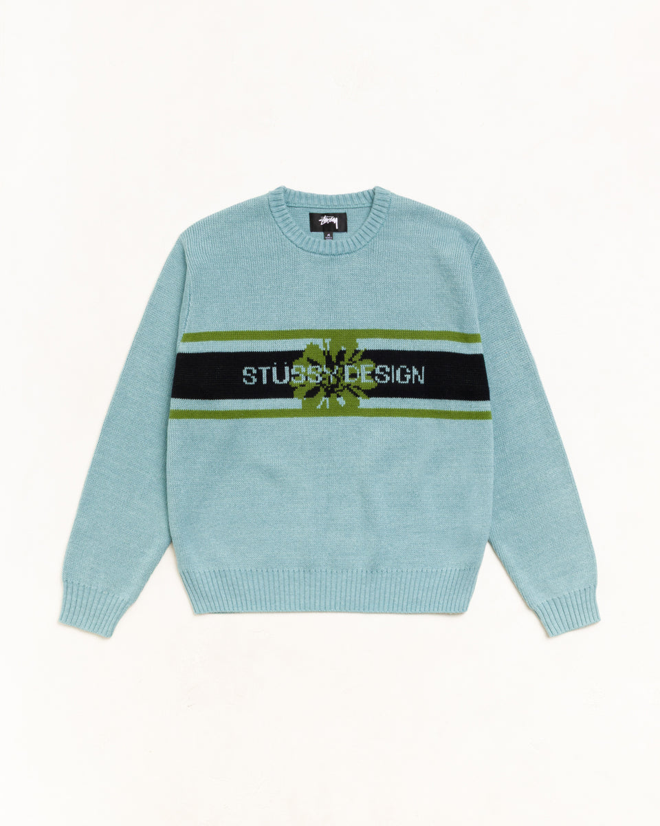 Striped Hibiscus Sweater Unisex Long Sleeve In Dusty Blue