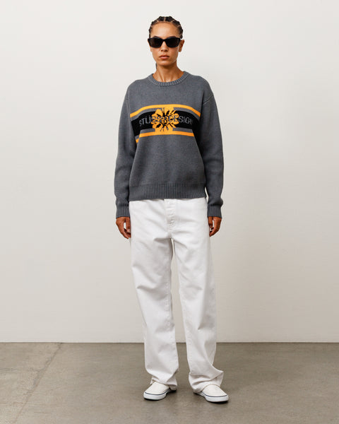 Striped Hibiscus Sweater Unisex Long Sleeve In Grey