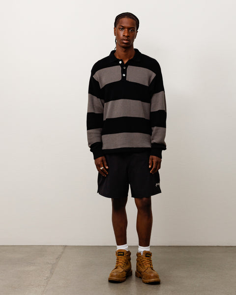 Pique Knit Stripe Rugby Unisex Long Sleeve In Black