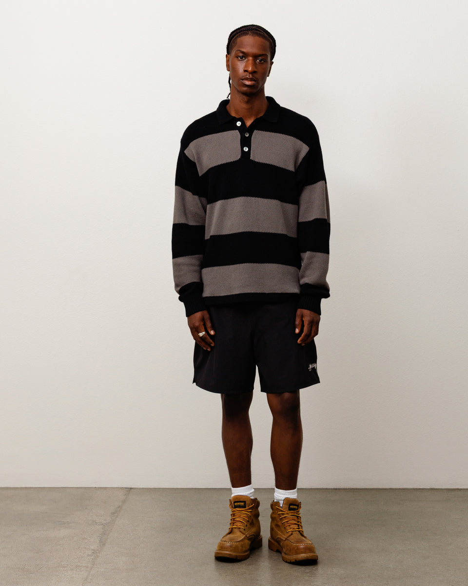 Pique Knit Stripe Rugby Unisex Long Sleeve In Black
