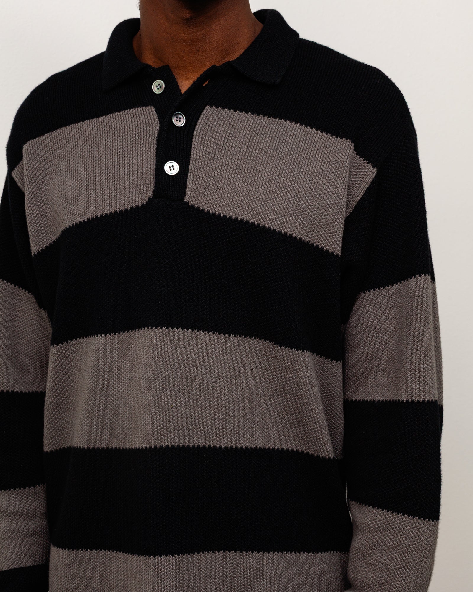 Pique Knit Stripe Rugby Unisex Long Sleeve In Black