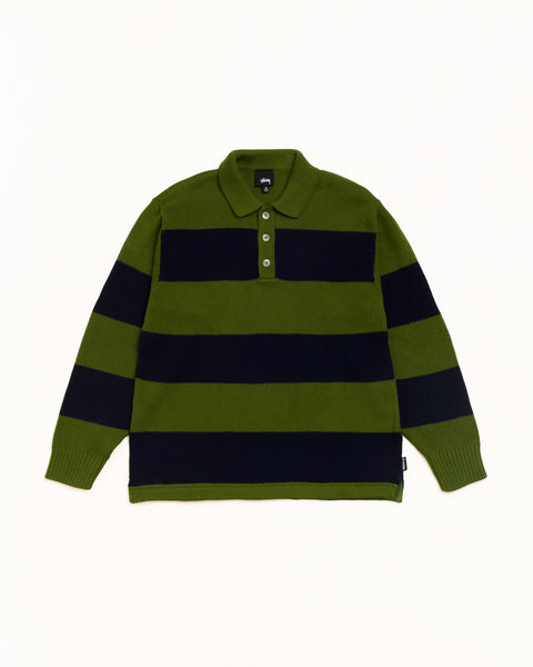Pique Knit Stripe Rugby Unisex Long Sleeve In Olive