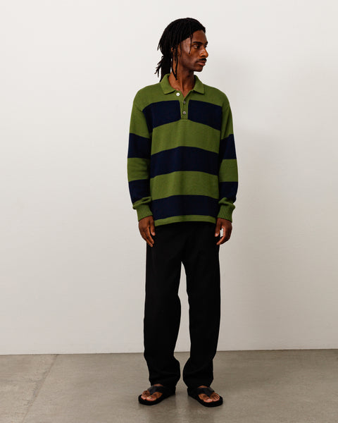 Pique Knit Stripe Rugby Unisex Long Sleeve In Olive