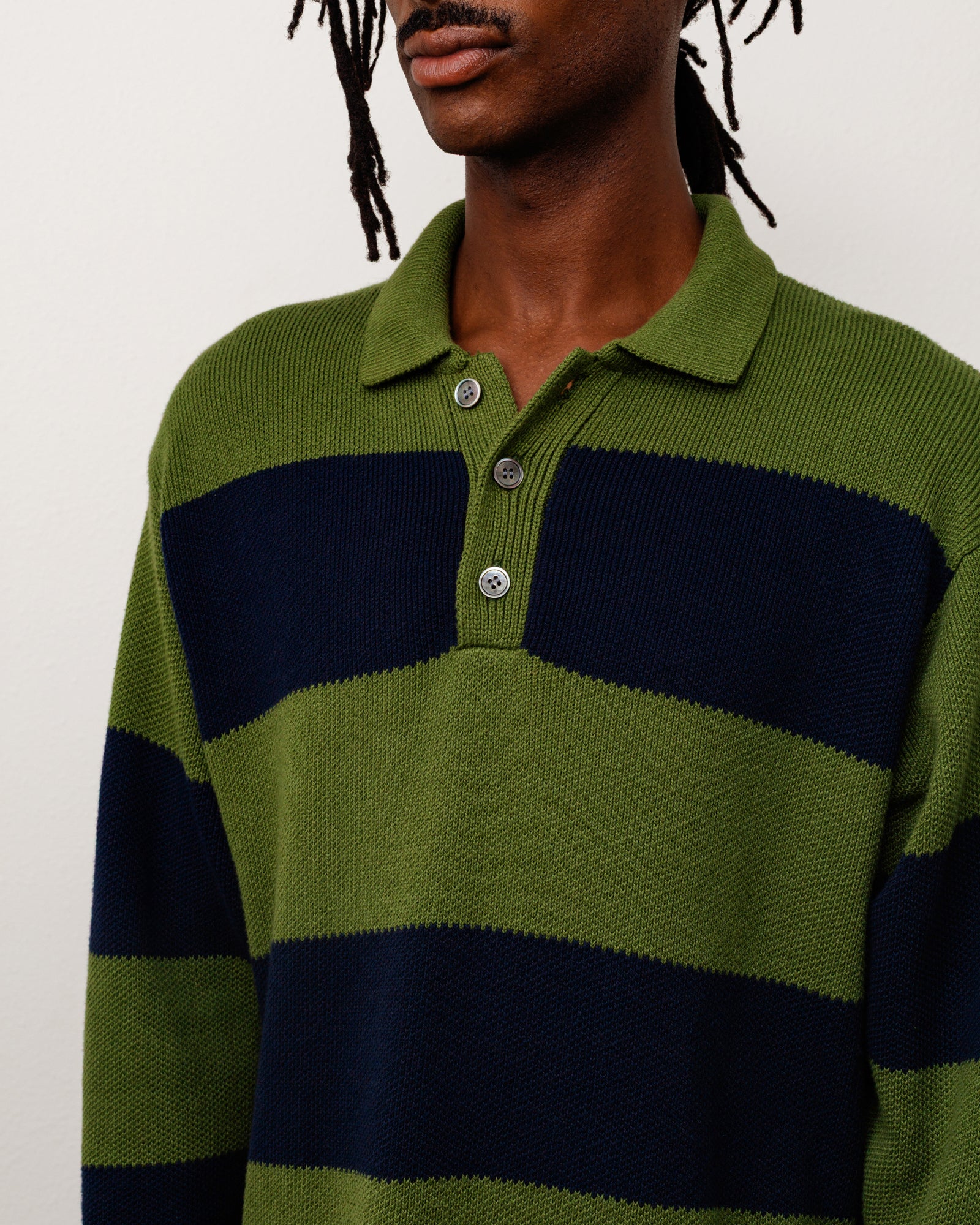 Pique Knit Stripe Rugby Unisex Long Sleeve In Olive