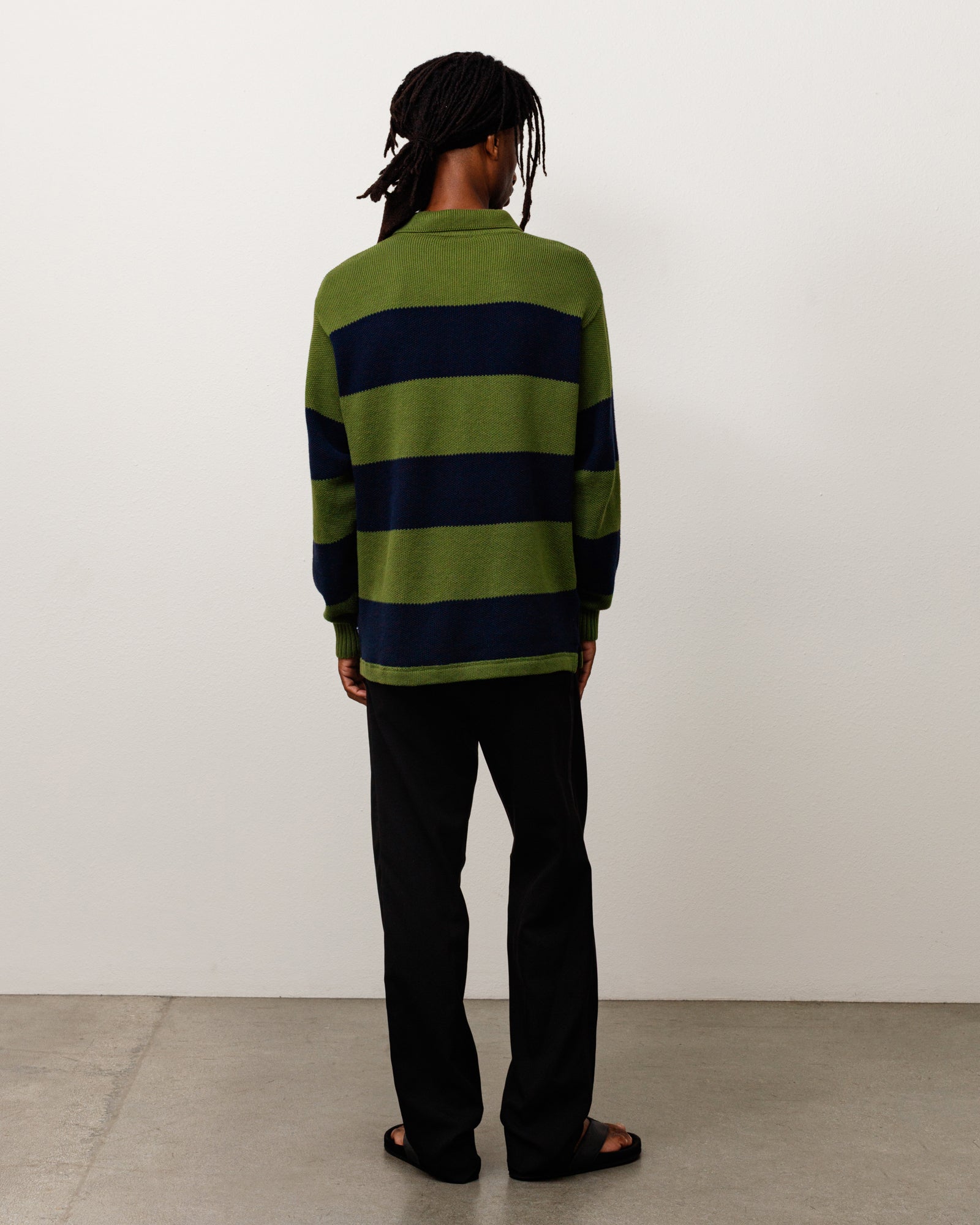 Pique Knit Stripe Rugby Unisex Long Sleeve In Olive