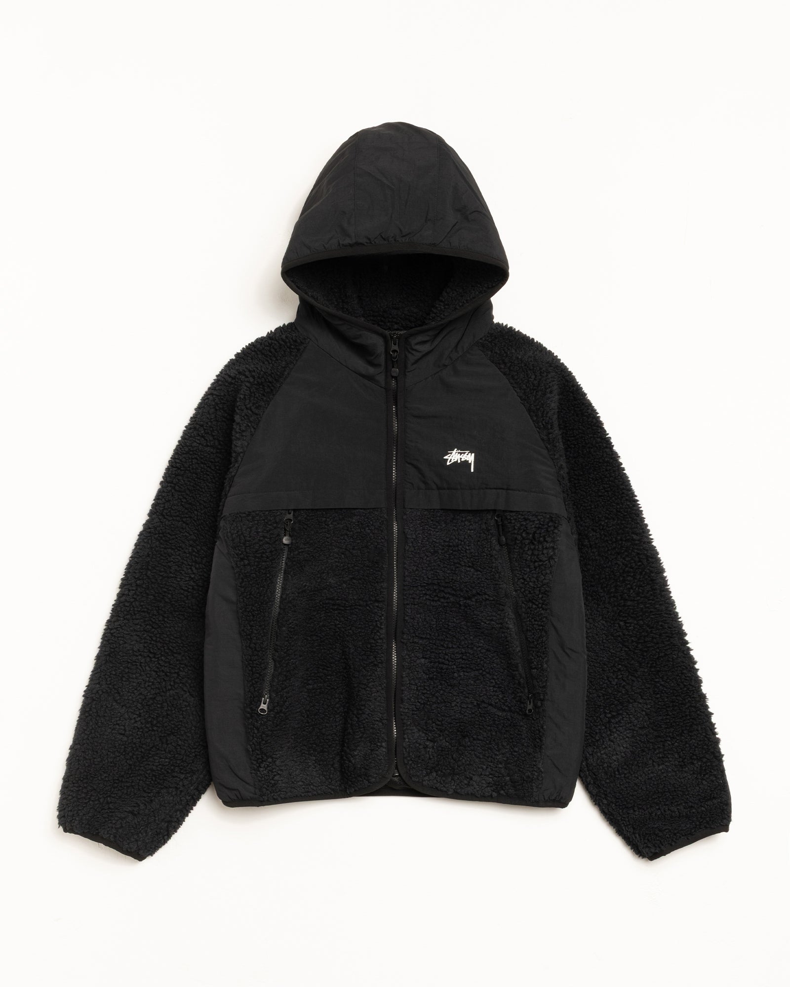 Sherpa Paneled Hooded Jacket Mens Long Sleeve In Black