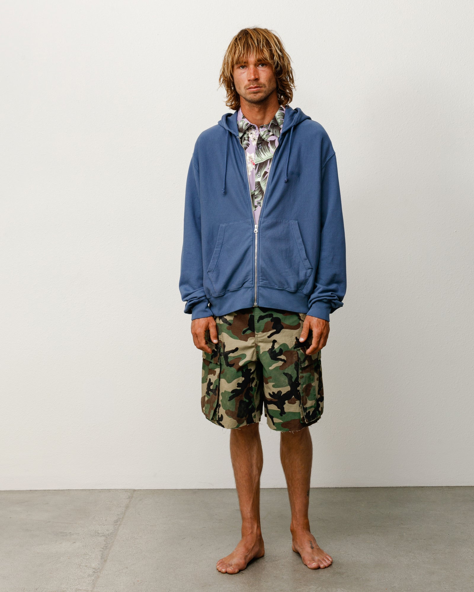 Lightweight Terry Zip Hoodie Unisex Long Sleeve In Blue