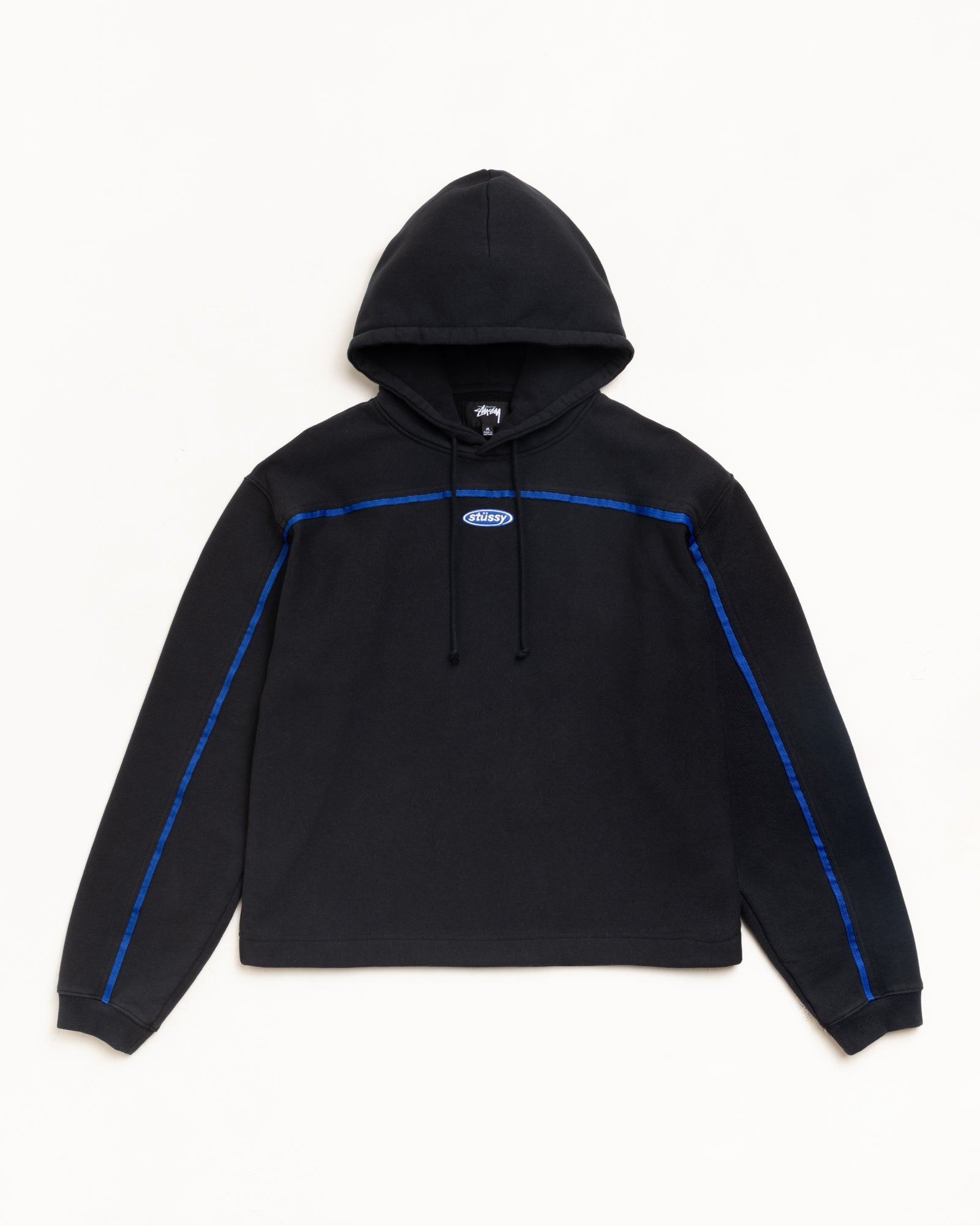 Black pullover hoodie with blue piping and oval chest embroidery, drawcord hood, unisex long sleeve