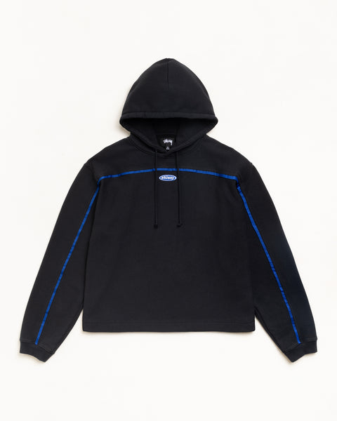 Black pullover hoodie with blue piping and oval chest embroidery, drawcord hood, unisex long sleeve