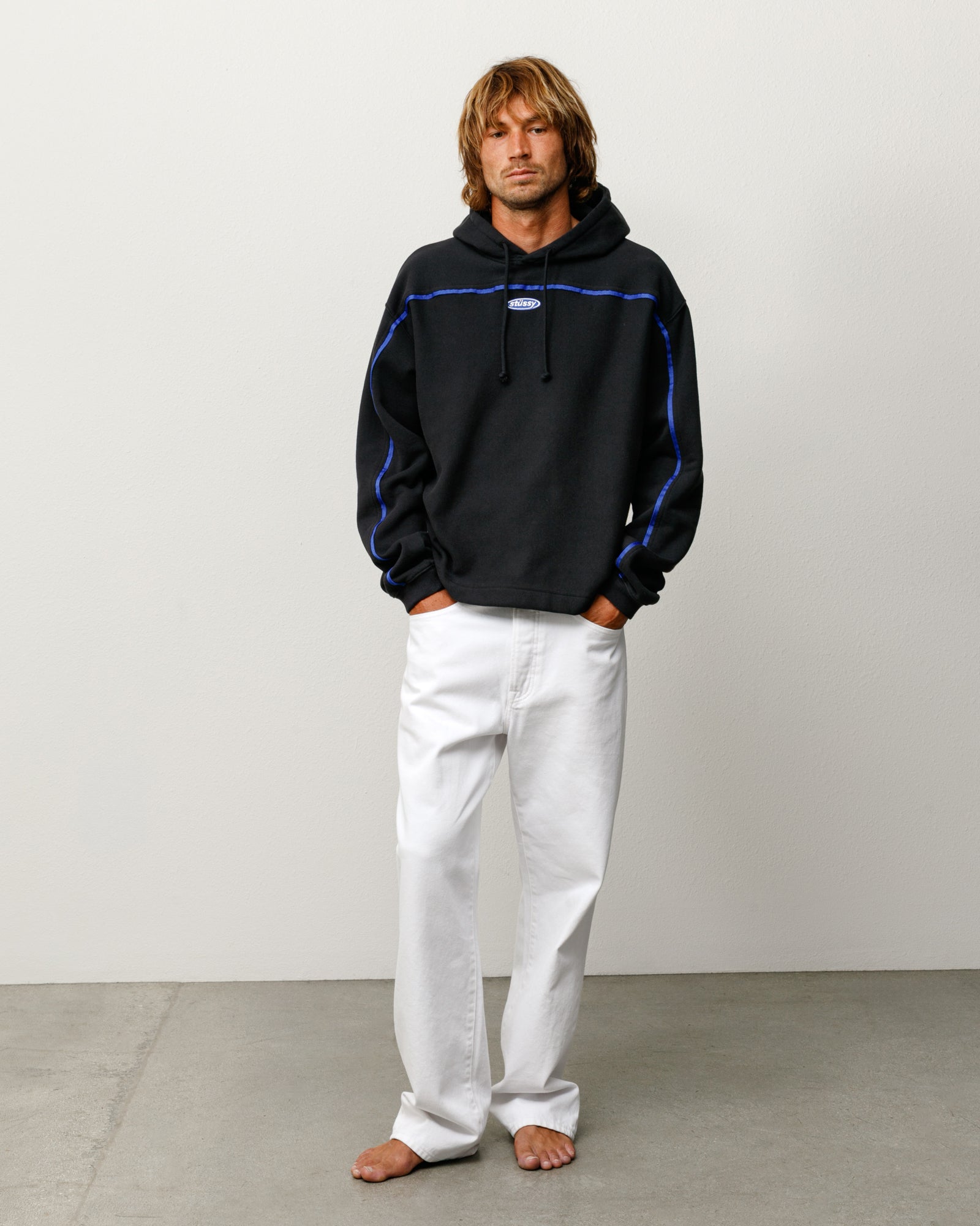 Oval Pullover Hood Unisex Long Sleeve In Black with blue piping
