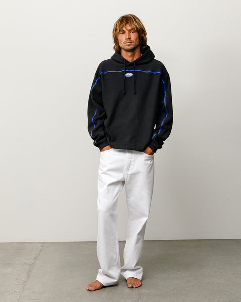 Oval Pullover Hood Unisex Long Sleeve In Black with blue piping