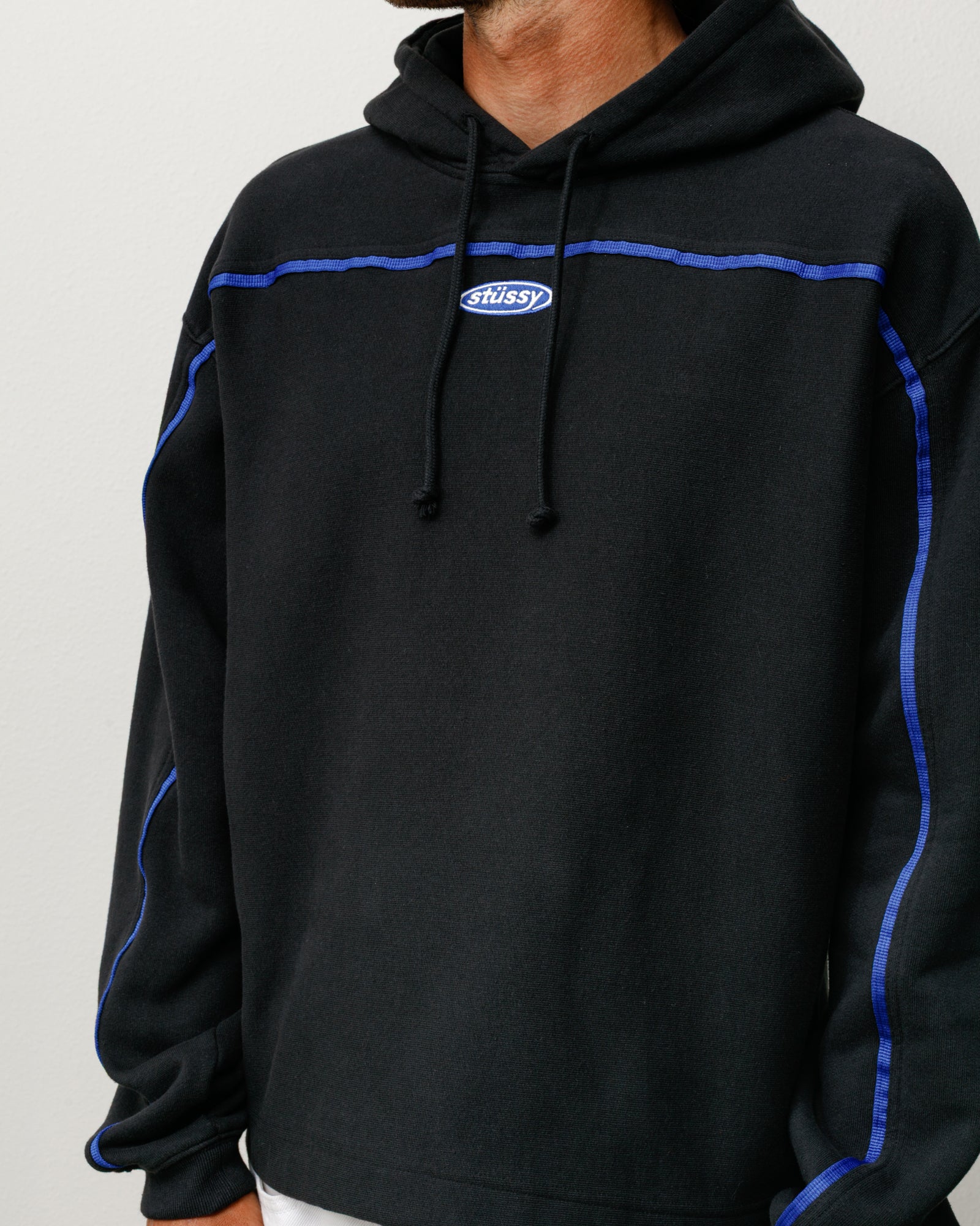 Black Pullover Hoodie With Blue Contrast Piping And Small Chest Logo