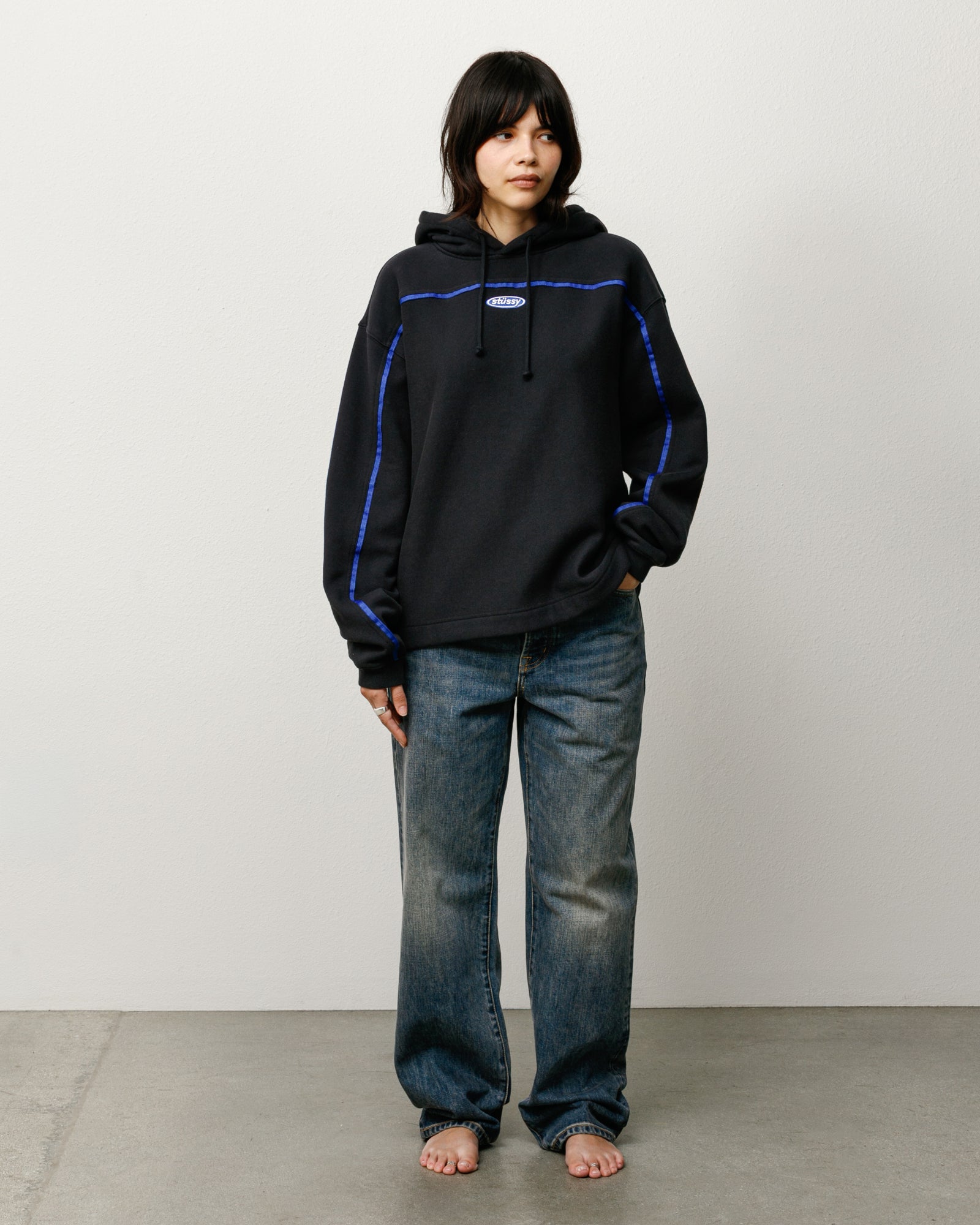 Oval Pullover Hood Unisex Long Sleeve In Black With Blue Contrast Seams