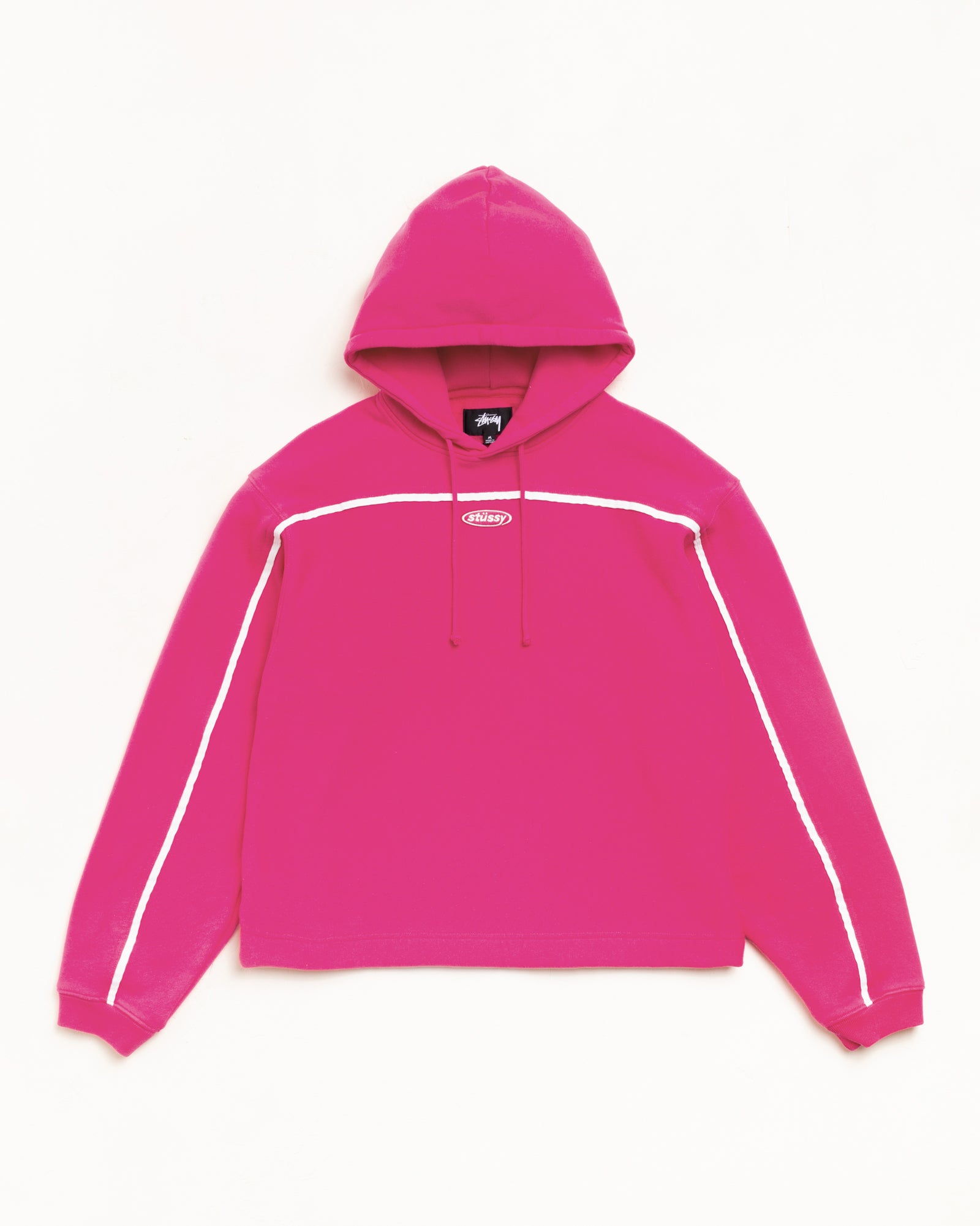 Pink Pullover Hoodie With White Piping, Unisex Long Sleeve