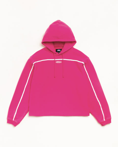 Pink Pullover Hoodie With White Piping, Unisex Long Sleeve