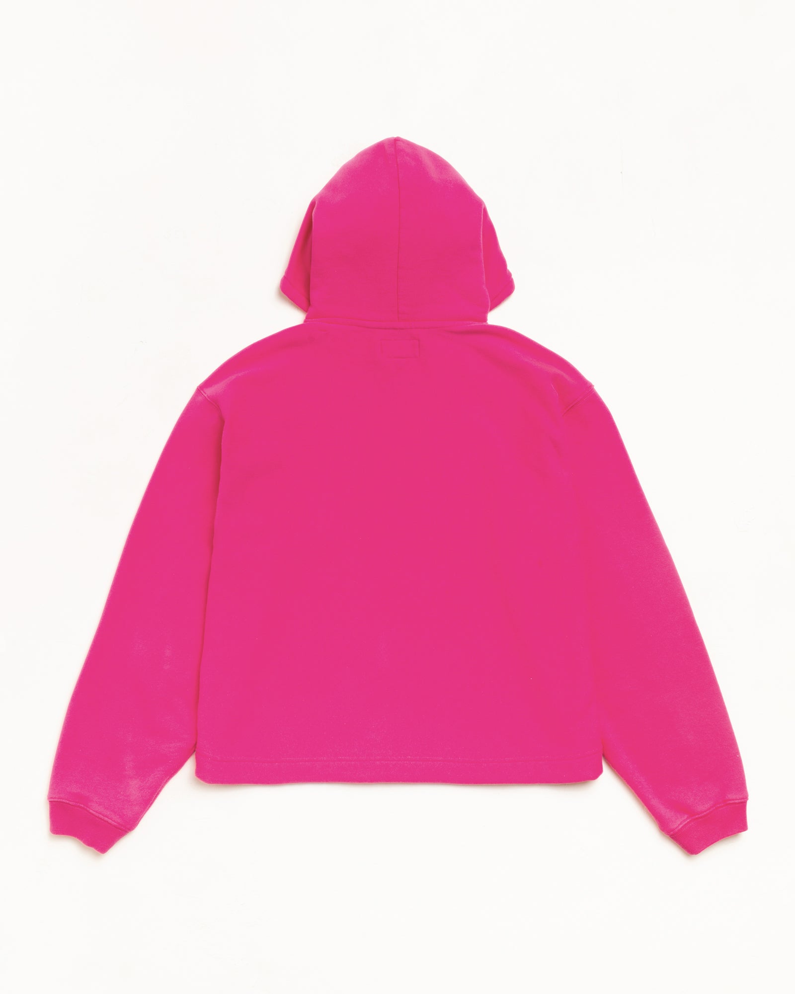 Pink unisex pullover hoodie, relaxed long-sleeve, back view flat lay