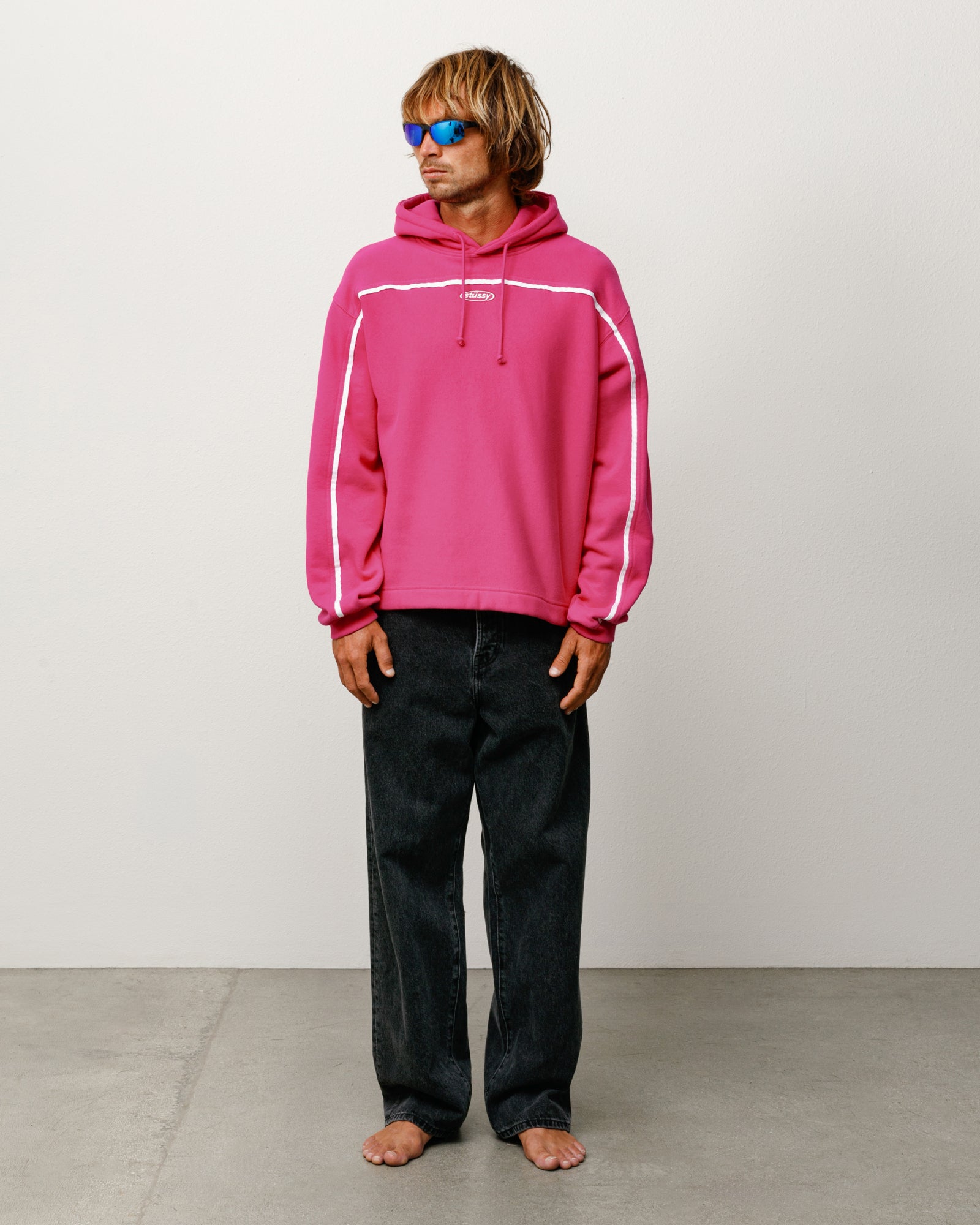 Oval Pullover Hoodie Unisex Long Sleeve In Pink With Contrast Piping