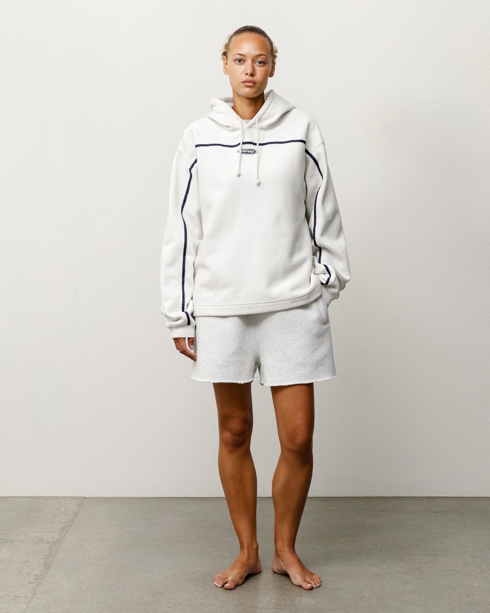 Unisex Hooded Sweatshirt Long Sleeve In Stone With Contrast Piping And Embroidery