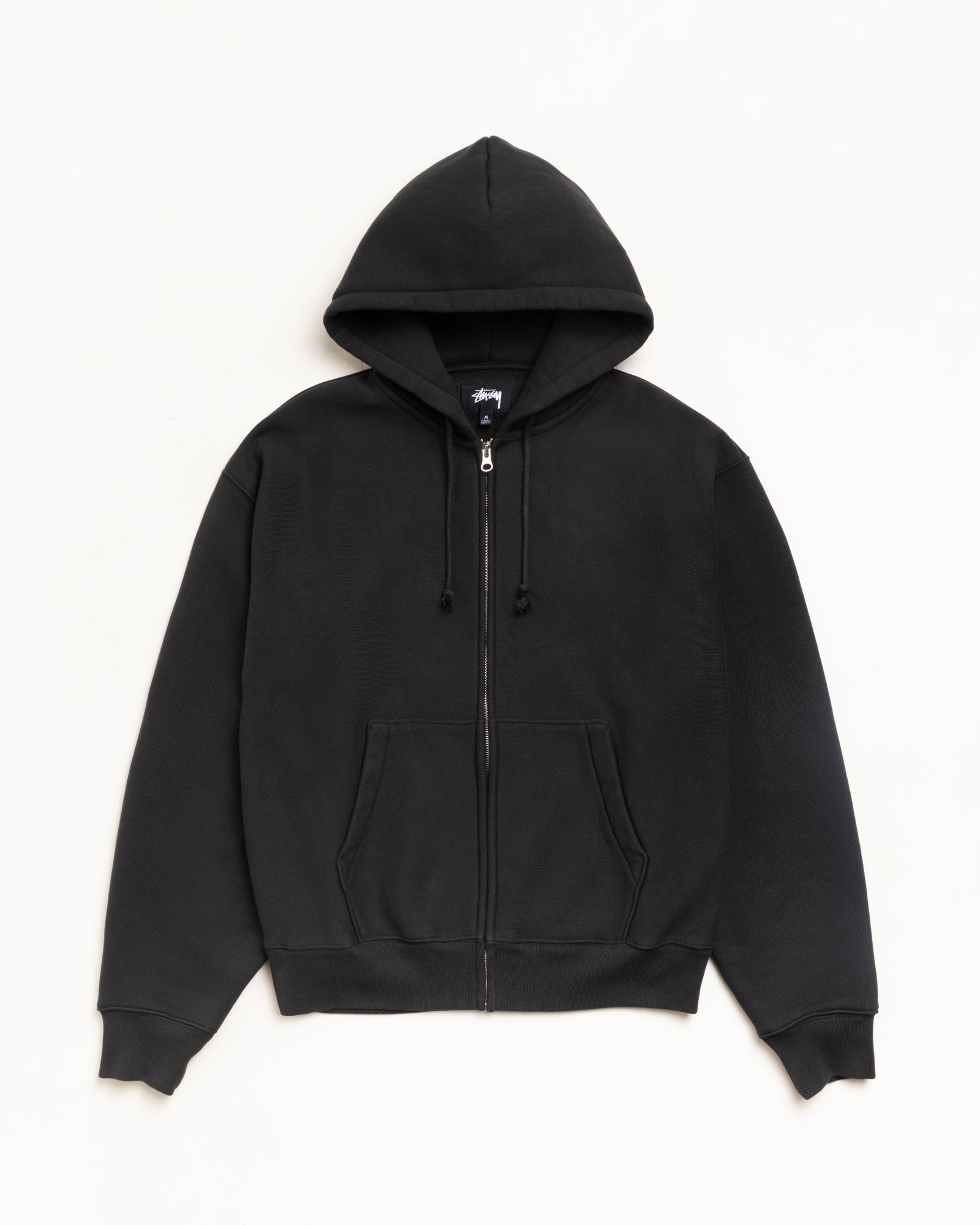 Black zip-up hoodie with drawcord hood and kangaroo pockets, unisex fleece