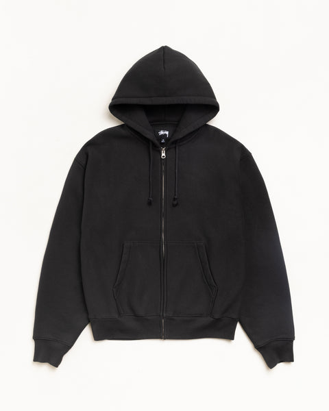 Black zip-up hoodie with drawcord hood and kangaroo pockets, unisex fleece