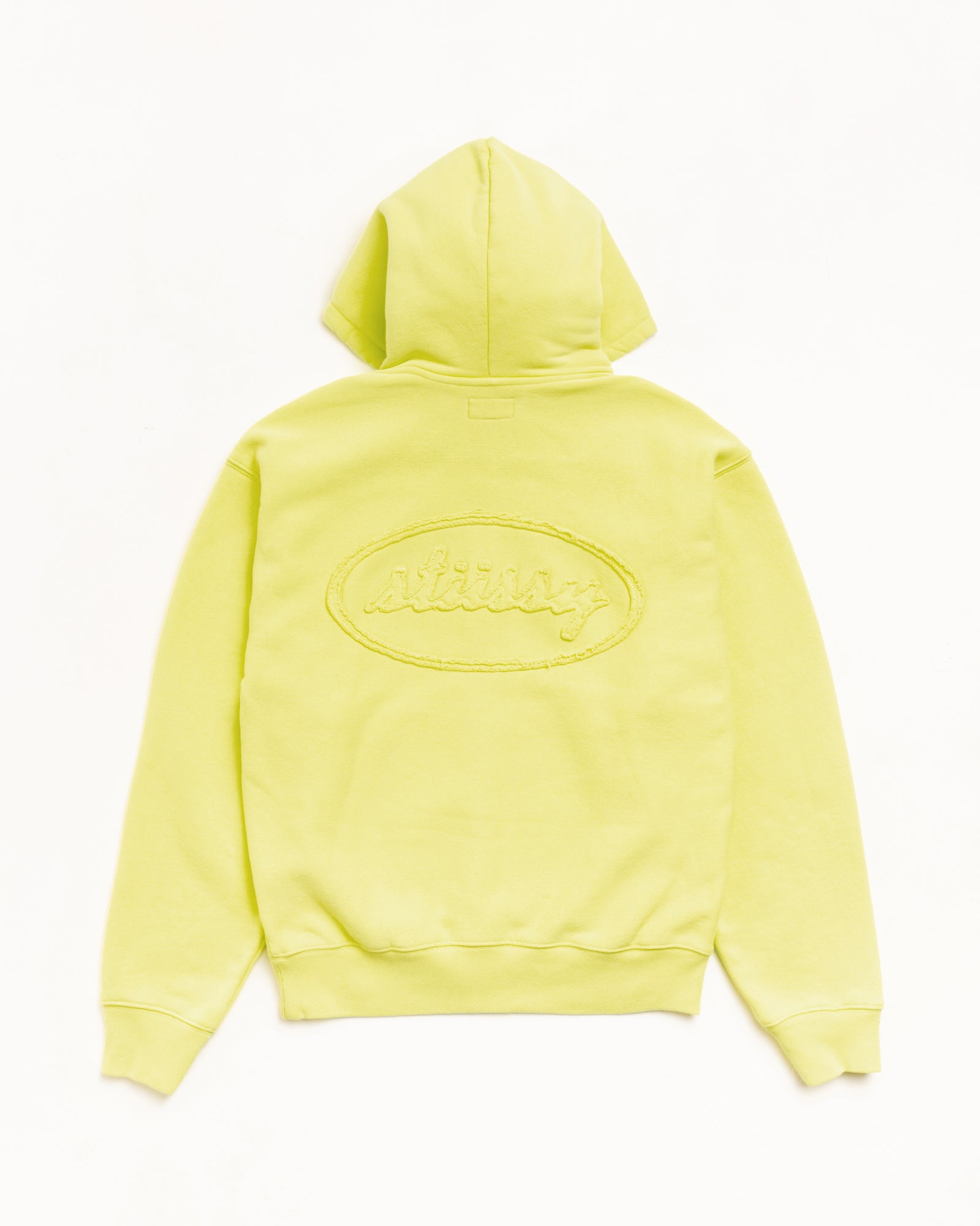 Lime zip hoodie with cursive applique logo at back, unisex long sleeve fleece
