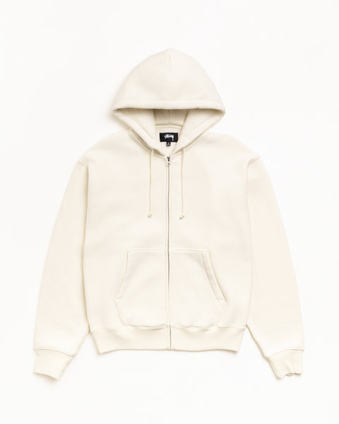 Natural zip hoodie with drawstring hood, kangaroo pockets, and ribbed cuffs and hem