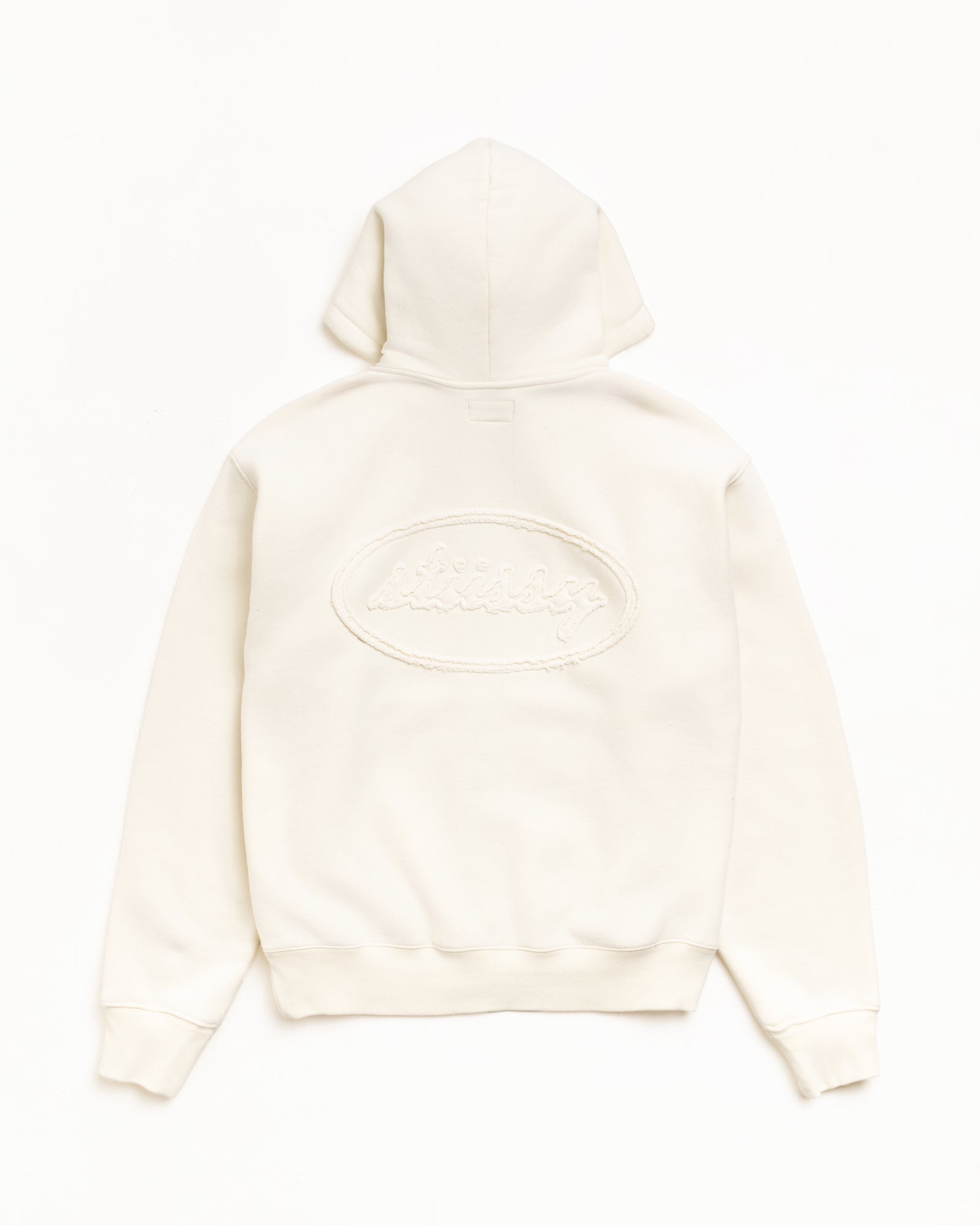 Cursive Applique Zip Hoodie in Natural, back view with tonal cursive applique