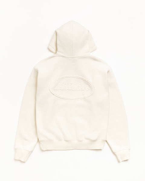 Cursive Applique Zip Hoodie in Natural, back view with tonal cursive applique