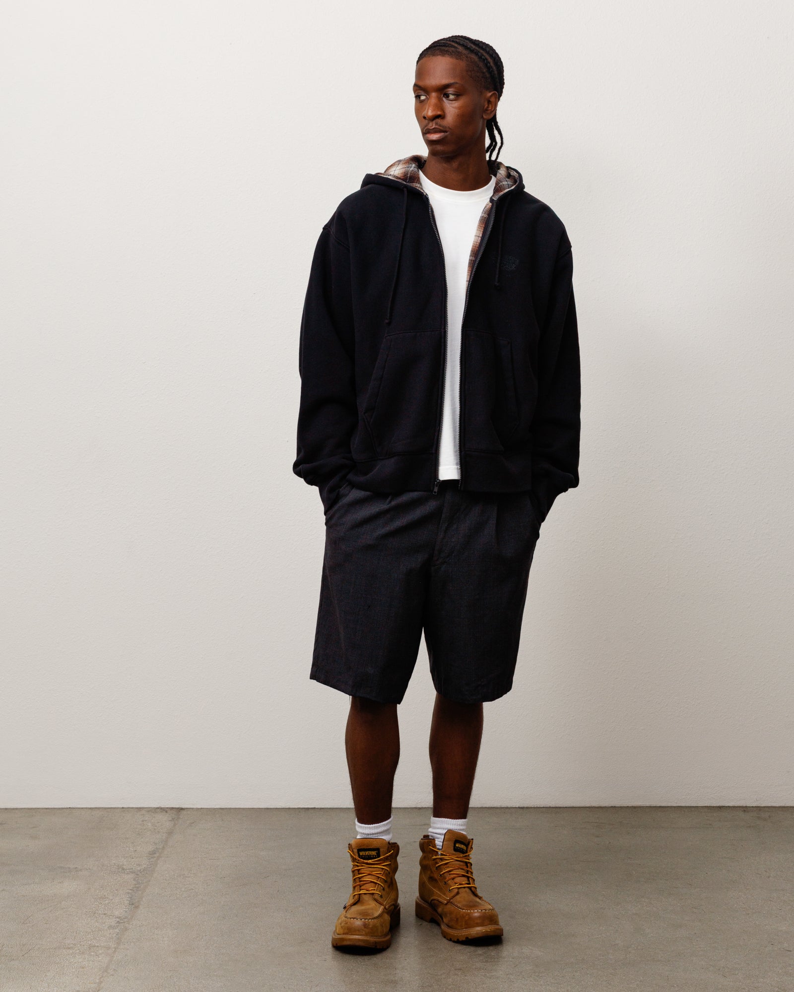 Plaid Lined Zip Hood Unisex Long Sleeve In Black