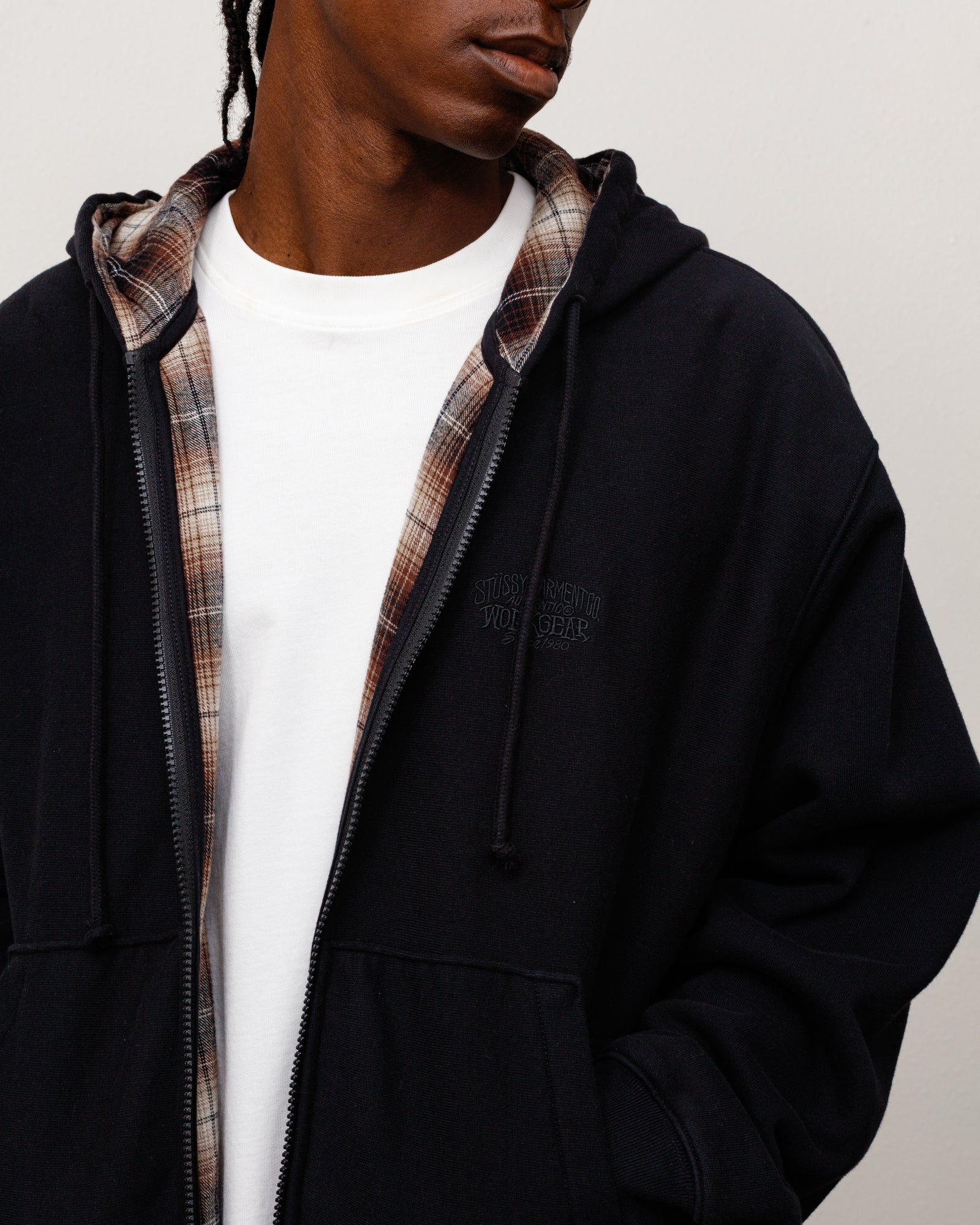 Plaid Lined Zip Hood Unisex Long Sleeve In Black