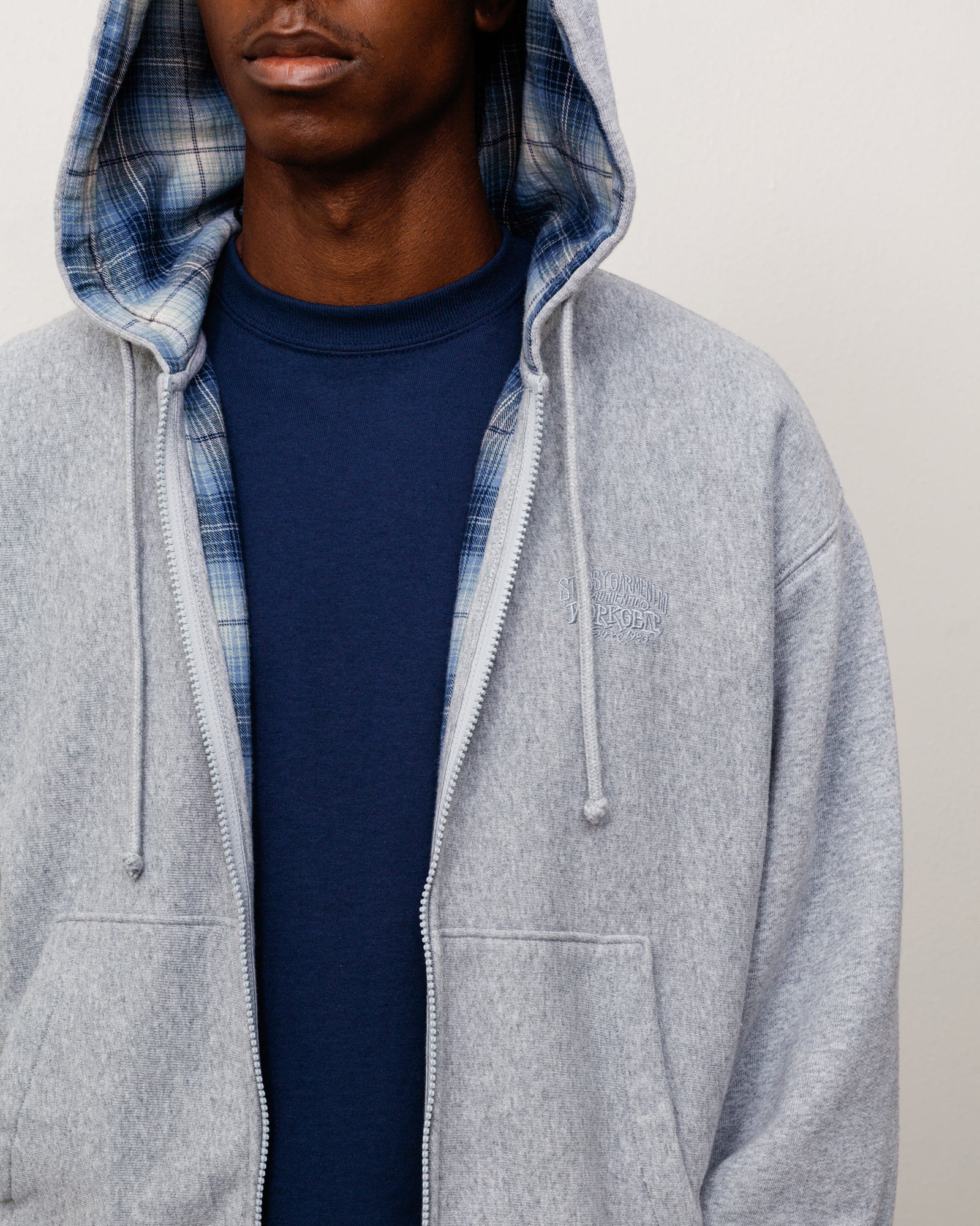 Plaid Lined Zip Hood Unisex Long Sleeve In Grey Heather