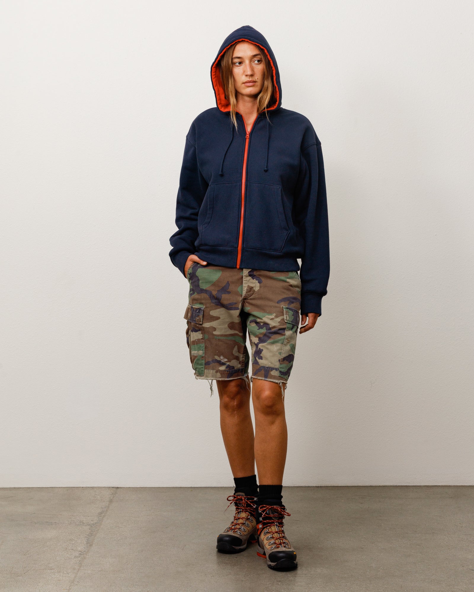 Double Faced Zip Hood Unisex Long Sleeve In Navy
