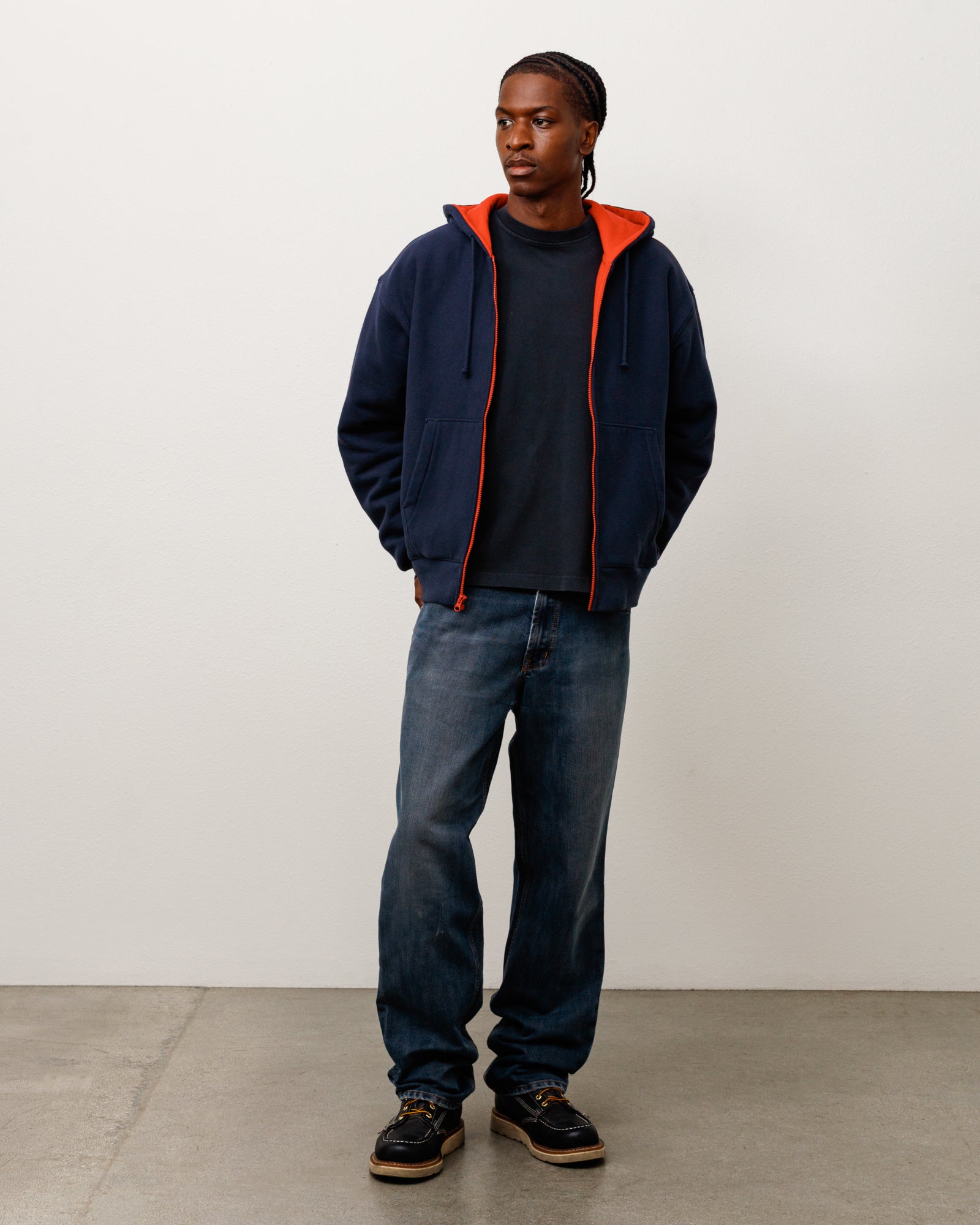 Double Faced Zip Hood Unisex Long Sleeve In Navy