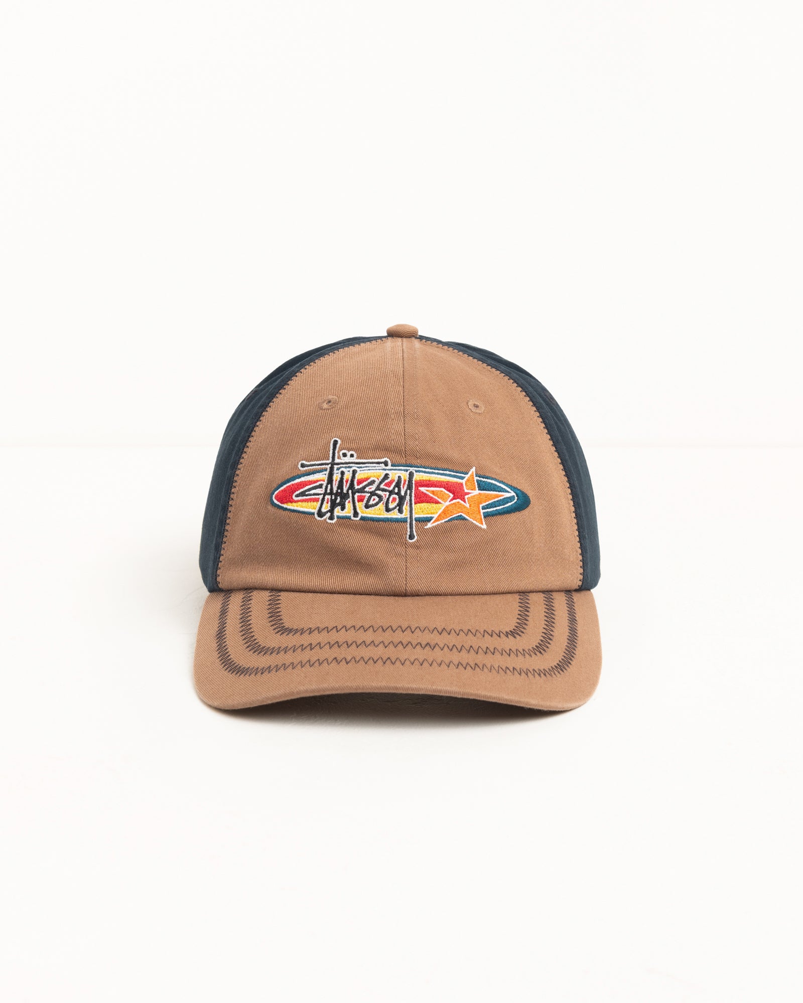 Brown low-profile cotton cap with multicolour oval star embroidery and zig-zag stitched brim