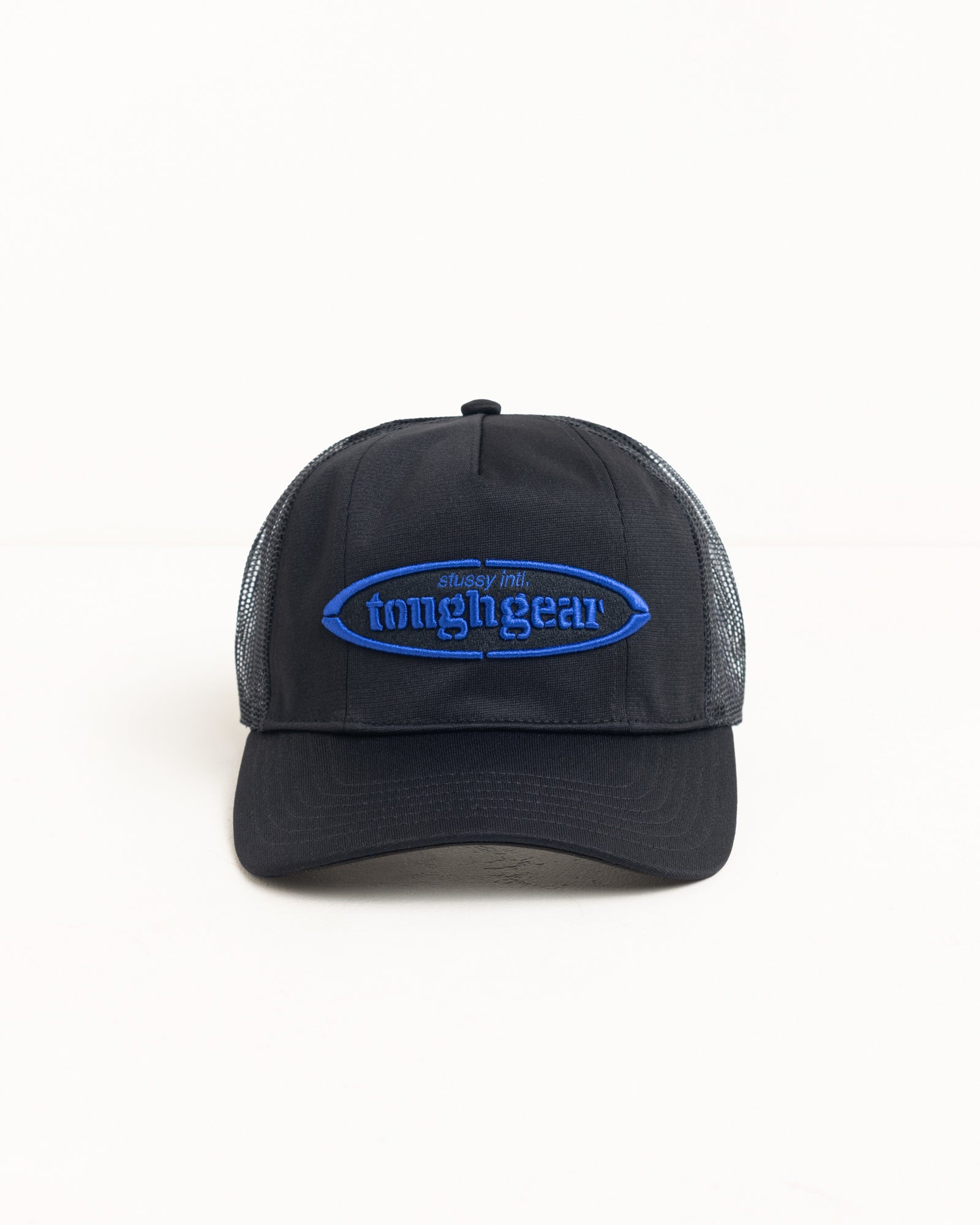 Black trucker cap with blue raised logo, mesh back panels and a precurved brim