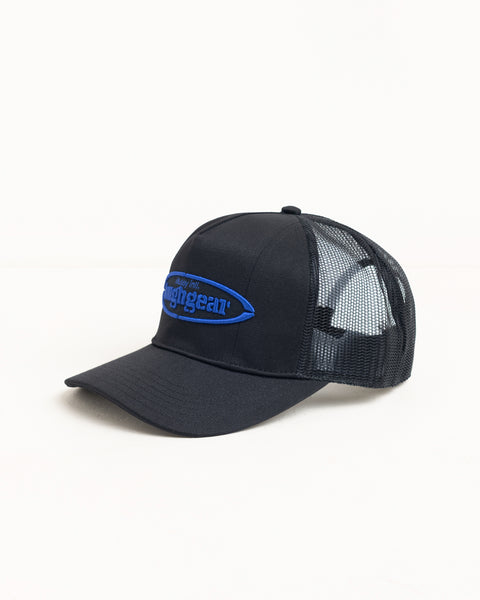 Mid-depth black trucker cap with blue embroidered logo and mesh back, unisex