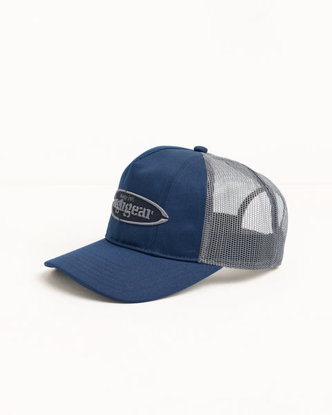 Navy trucker cap with grey mesh back, precurved brim and raised logo patch