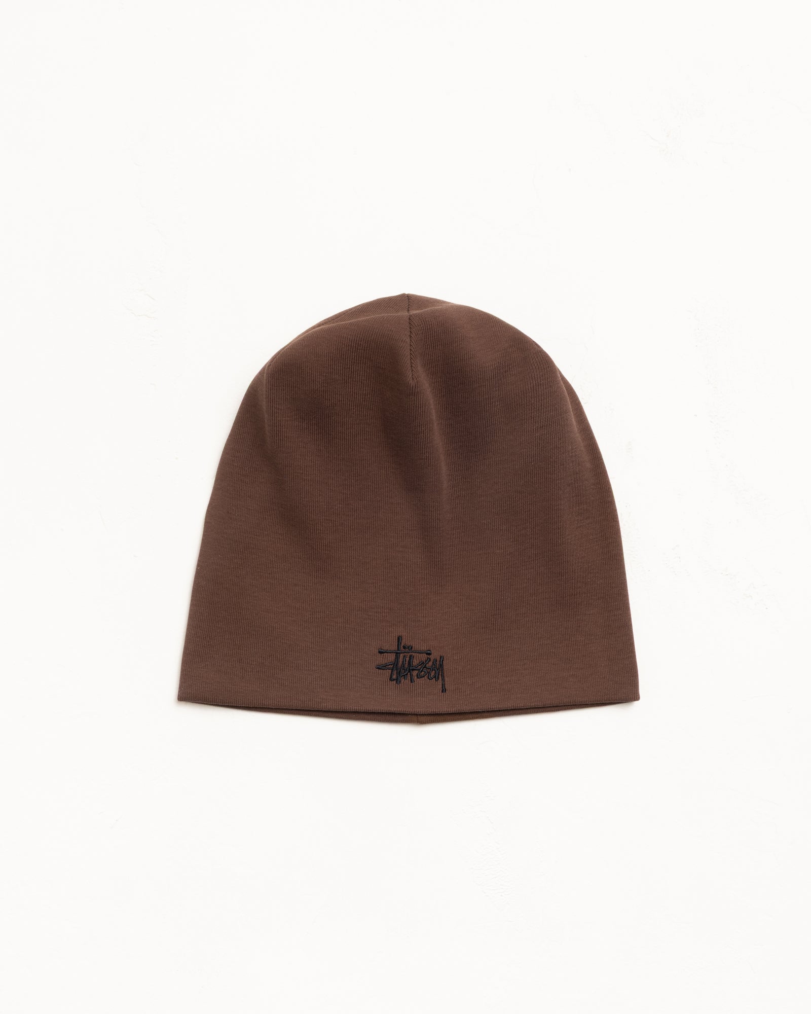 Brown jersey skullcap beanie with clean fit and small embroidered front logo