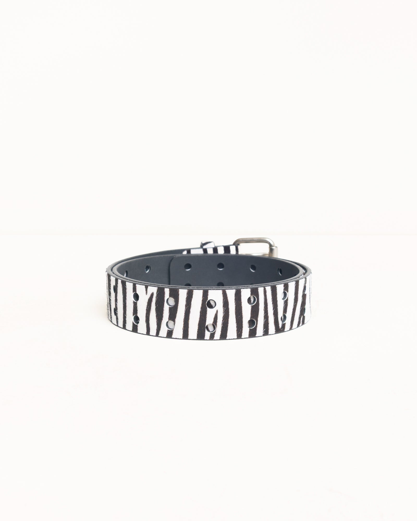 Leather Punch Out Belt Unisex In Hairy Zebra Pattern