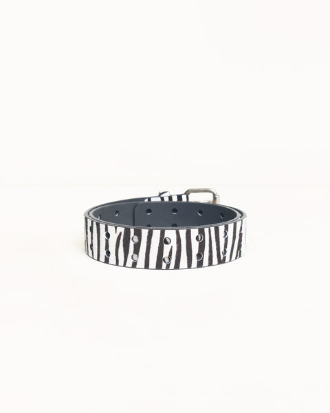 Leather Punch Out Belt Unisex In Hairy Zebra Pattern