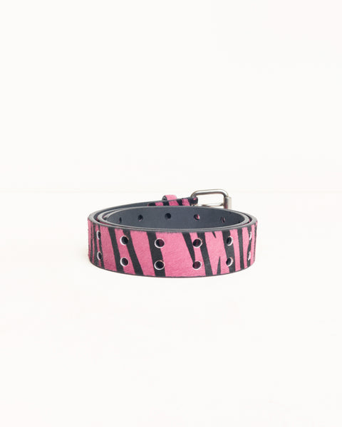 Leather Punch Out Belt Unisex In Pink Hairy Zebra Pattern