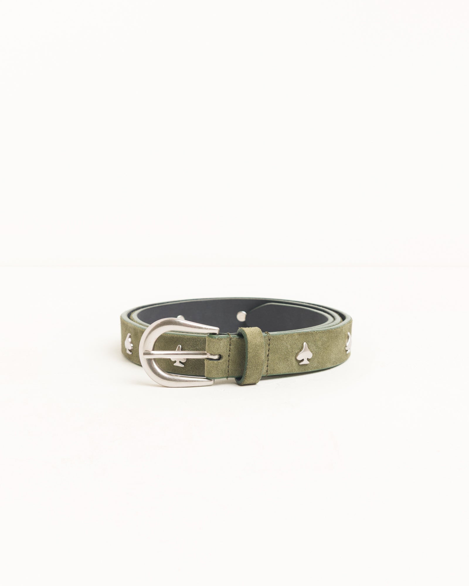 Spade Emblem Belt Unisex In Olive Suede | hero:main:collection:new-arrivals,shirts,tops-shirts,all,tees,outerwear,denim,knits,accessories,sunglasses,hoodies,sweats,mens-hoodies-sweatshirts,shorts,pants,bottoms,crew-sweats,zip-ups,swim,sweatpants,graphics,lazy-tees,swim,basic-9twenty,button-ups,shorts,cargos,denim-jeans,bottoms,bags,belts,wearables,gear,footwear,button-ups,basic-tops,jerseys,big-ol,classics,slim,jackets,all, | product-card-slider