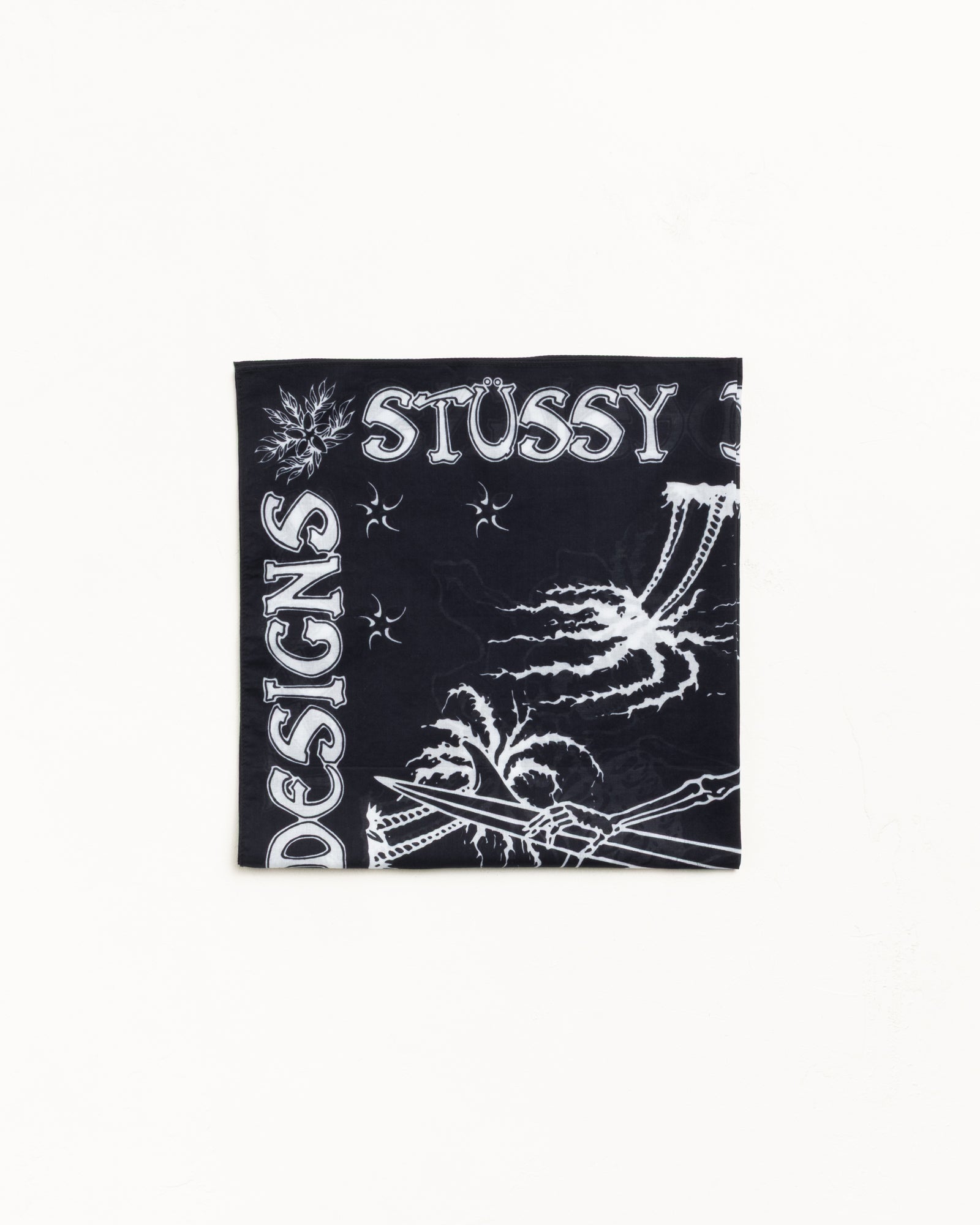Black bandana with white graphic print, unisex square style