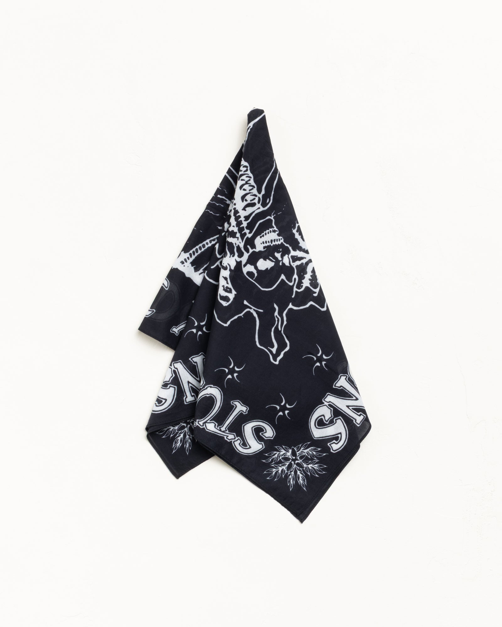 Black bandana with white Surf Joker graphic print, folded and hanging on a clean white background.